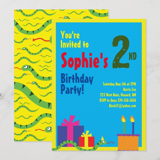 Snake Animal Kid's Birthday Party Invitations (Front/Back)