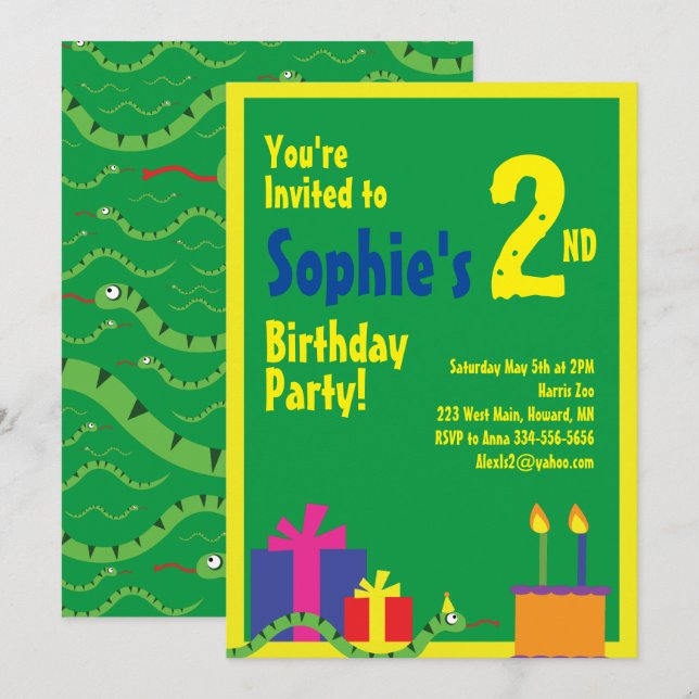 Snake Animal Kid's Birthday Party Invitations (Front/Back)