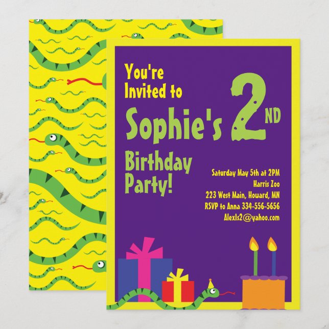 Snake Animal Kid's Birthday Party Invitations (Front/Back)