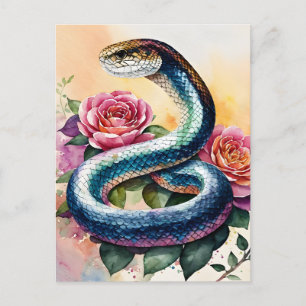Snake Art Floral Watercolor Postcard