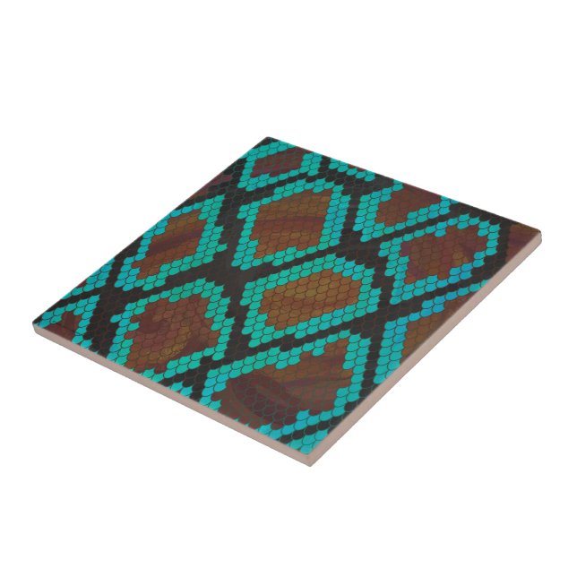Snake Brown and Teal Print Ceramic Tile (Side)