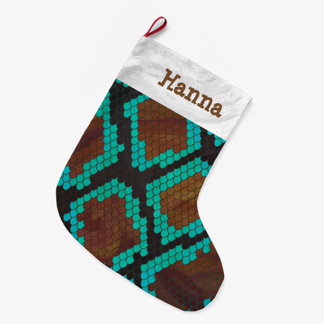 Snake Brown and Teal Print Large Christmas Stocking (Front (Hanging))
