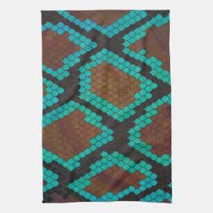 Snake Brown and Teal Print Tea Towel