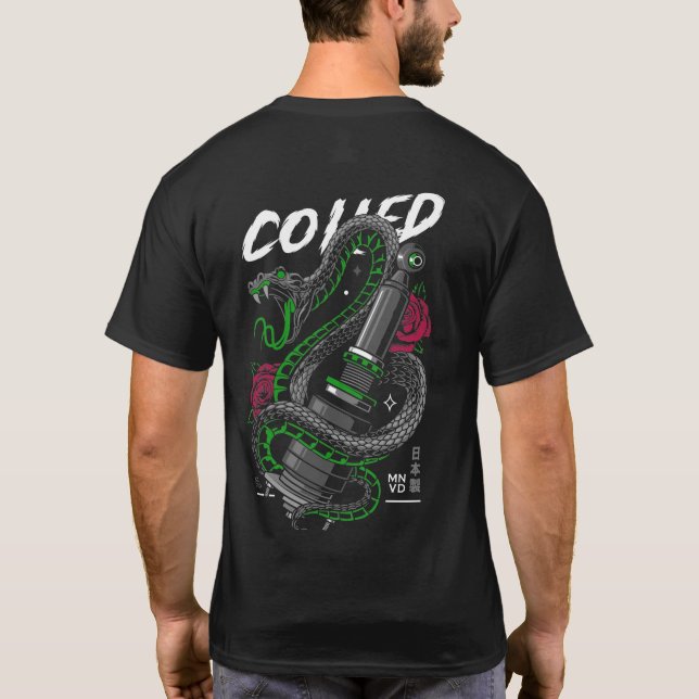 Snake Coiled Car Parts Illustration T-Shirt (Back)