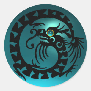 SNAKE  DRAGON , black ,aquamarine blue Classic Round Sticker