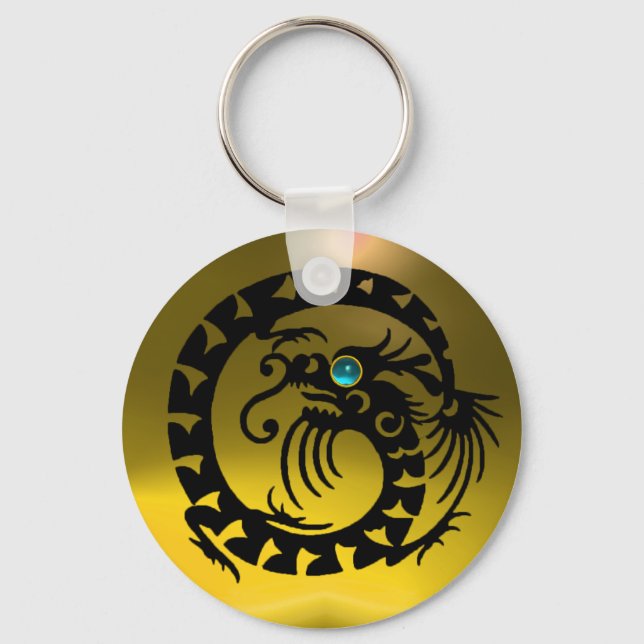 SNAKE DRAGON,black,blue aquamarine,yellow topaz Key Ring (Front)