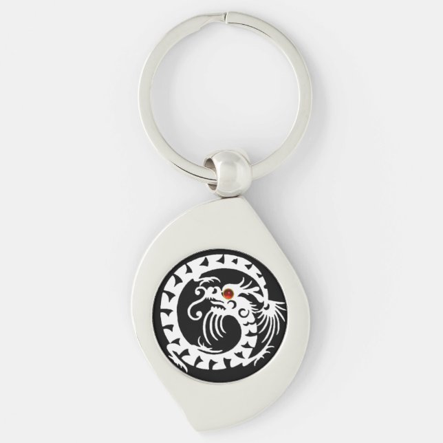 SNAKE  DRAGON, Black,White ,Red Ruby Key Ring (Front)
