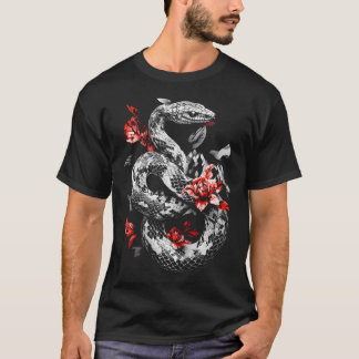 Snake Flower Drawing Motif Animal Lover Art T-Shirt