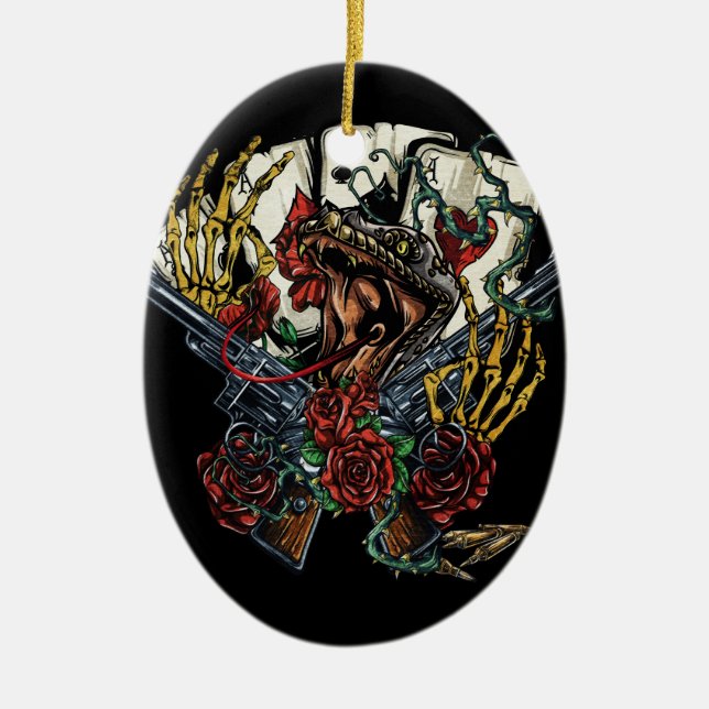 Snake Gun And Roses Poker Cards Ceramic Ornament (Front)