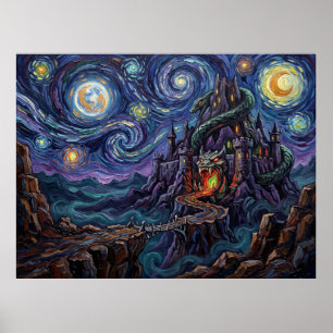 Snake Mountain Starry Night Fantasy Landscape Poster