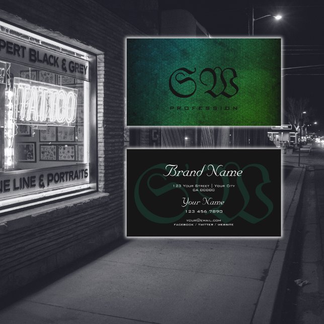 Snake Pattern Dark Teal Green Gradient Monogram Business Card (Creator Uploaded)