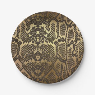 Snake Skin Animal Print Elegant Modern Glam Gold Paper Plate