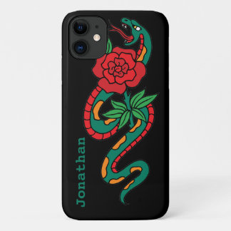 Snake Wrapped Around a Red Rose, Tattoo Art iPhone 11 Case