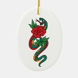 Snake Wrapped Around a Red Rose Tattoo Art Ceramic Tree Decoration