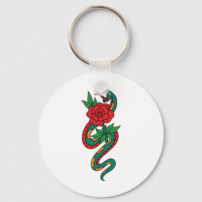Snake Wrapped Around a Red Rose Tattoo Art Key Ring (Front)