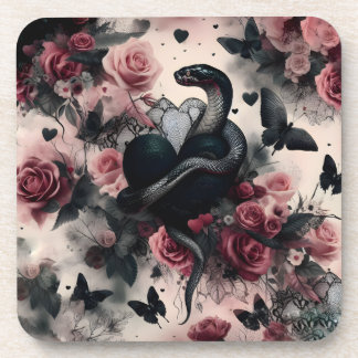 Snake Wrapped Around Heart With Roses Coaster