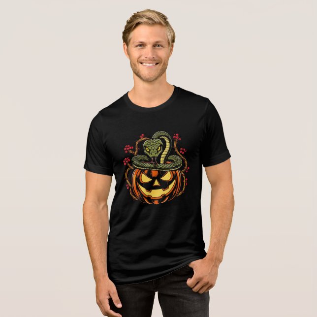 Snake Wrapped Around Jack-o'-Lantern Art Tri-Blend Shirt (Front Full)