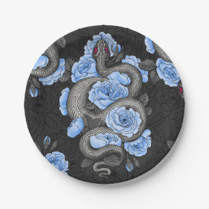 Snakes and blue roses paper plate