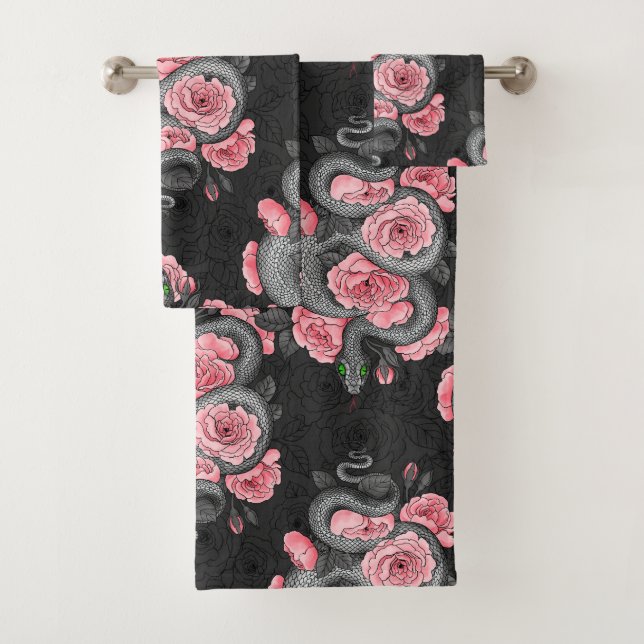 Snakes and  peach roses bath towel set (Insitu)
