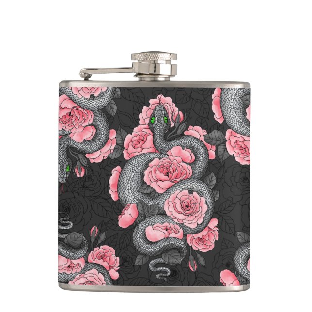 Snakes and  peach roses hip flask (Front)