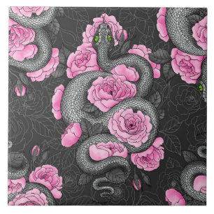 Snakes and pink roses ceramic tile