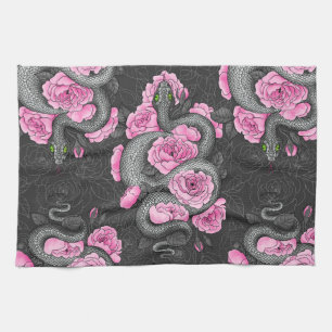 Snakes and pink roses tea towel