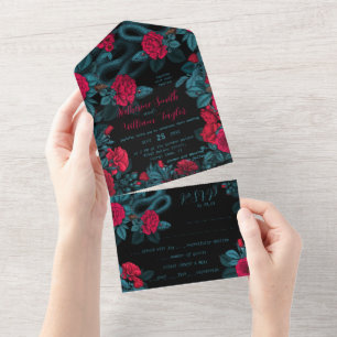 Snakes and red roses on black  all in one invitati invitation