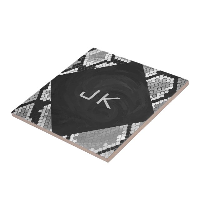 Snakeskin Grey, White, and Black Monogrammed Ceramic Tile (Side)