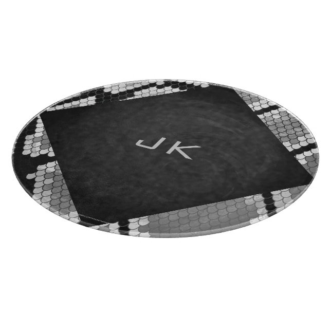 Snakeskin Grey, White, and Black Monogrammed Cutting Board (Corner)