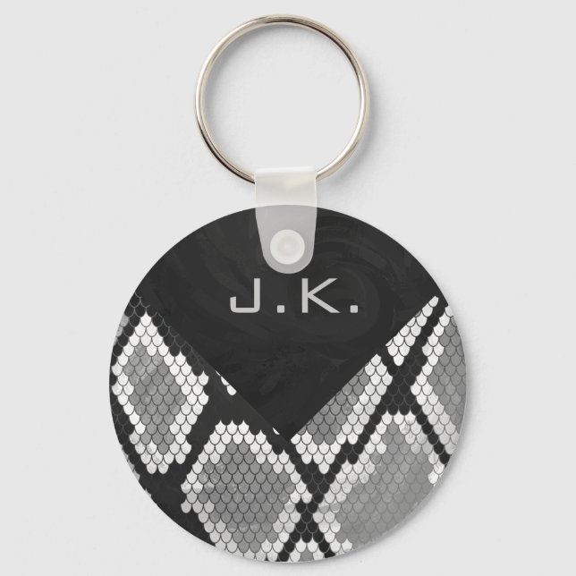 Snakeskin Grey, White, and Black Monogrammed Key Ring (Front)
