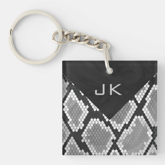 Snakeskin Grey, White, and Black Monogrammed Key Ring (Front)