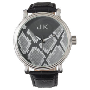 Snakeskin Grey, White, and Black Monogrammed Watch