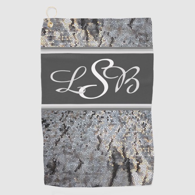 Snakeskin Pattern Mosaic Small Grey Tile Monogram Golf Towel (Front)