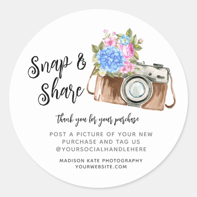 Snap & Share Camera Business Round Sticker (Front)