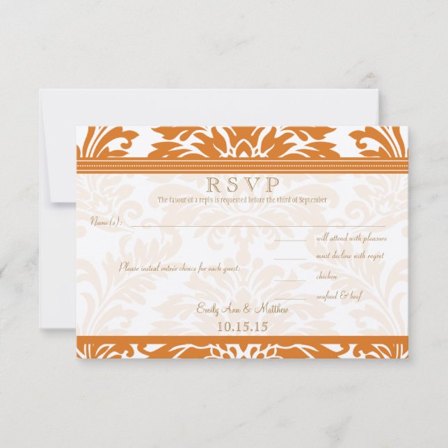 Snapdragon Coral & Ivory Damask Wedding RSVP (Front)