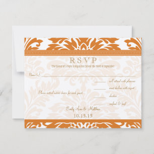 Snapdragon Coral & Ivory Damask Wedding RSVP Card