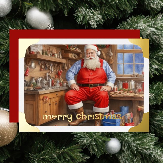 Snapshot of Santa in His Workshop Foil Holiday Card (Creator Uploaded)