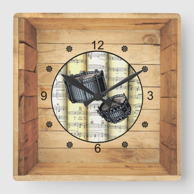 Snare Drums ~ 3 Dimensional ~ Folk Art Box ~ Square Wall Clock (Front)