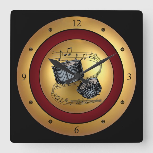 Snare Drums ~ Musical Scroll ~ Gold/Maroon/Black ~ Square Wall Clock (Front)