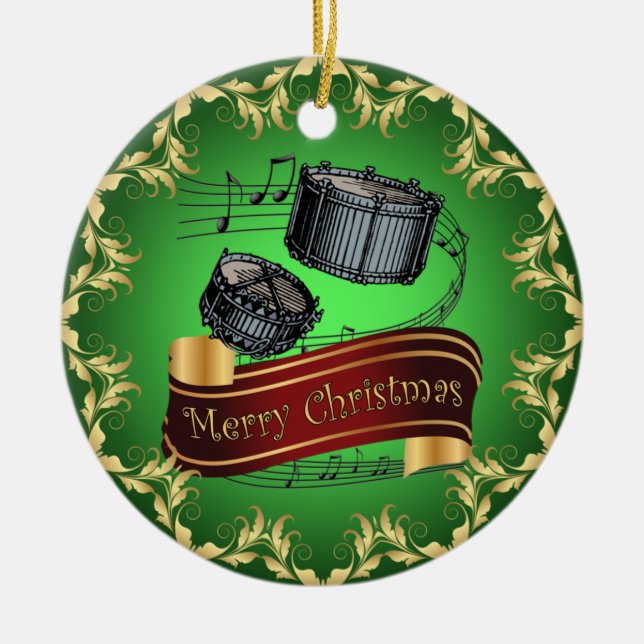 Snare Drums ~ Musical Scroll ~ Merry Christmas ~  Ceramic Ornament (Front)