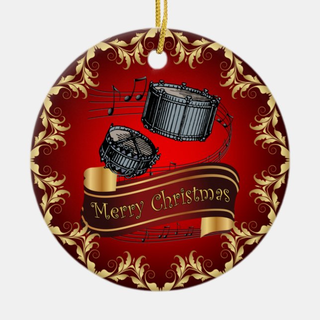 Snare Drums ~ Musical Scroll ~ Merry Christmas ~  Ceramic Ornament (Front)