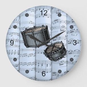Snare Drums ~ Rolled Sheet Music ~ Blue Tint Back Large Clock