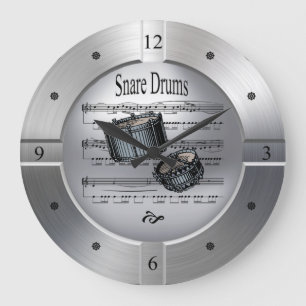 Snare Drums ~ Sheet Music ~ Brushed Silver Color ~ Large Clock
