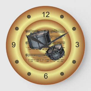 Snare Drums ~ Sheet Music ~ Gold Background ~ Large Clock