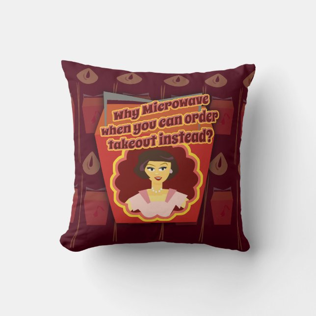 Snarky Microwave Retro Housewife Takeout Slogan Cushion (Front)