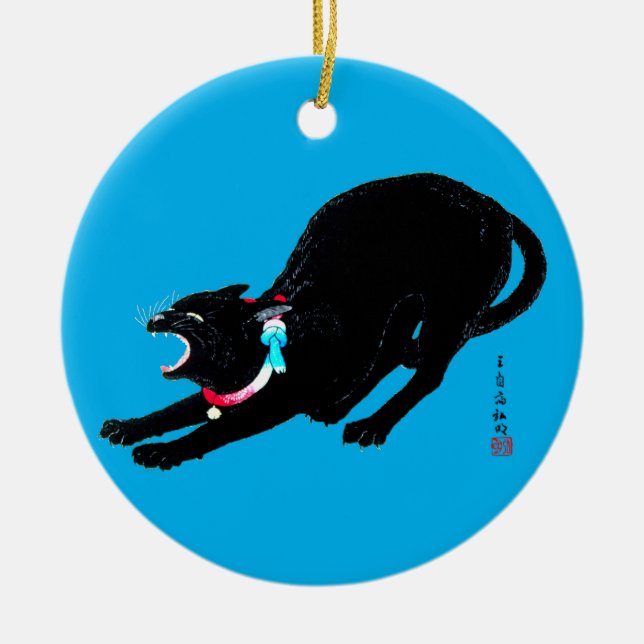 Snarling Hissing Black Japanese Cat Ceramic Ornament (Front)
