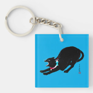 Snarling Hissing Black Japanese Cat Key Ring