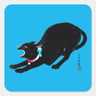 Snarling Hissing Black Japanese Cat Square Sticker