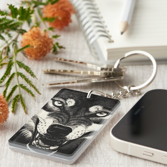 Snarling Wolf 50s Black White Graphics Style  Key Ring (Front Right)