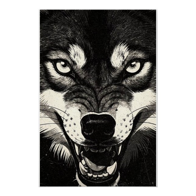 Snarling Wolf 50s Black White Graphics Style  Poster (Front)